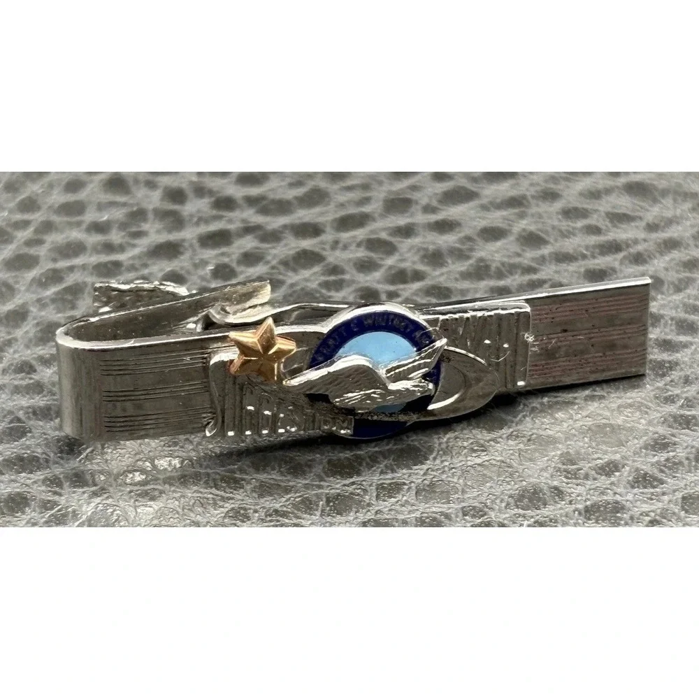 Robbins Attleboro Sterling Silver Pratt Whitney Tie Clip Star Bird Blue Enamel